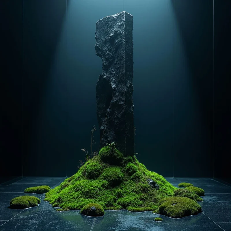 A tall, dark, textured stone monolith stands vertically atop a mound of vibrant green moss in a dim, monochromatic space. Soft beams of light descend from above, illuminating the jagged edges of the rock and the soft, organic surface of the mossy hill. The composition is centered and symmetrical, with the verticality of the stone contrasting against the low, rounded shapes of the mossy mounds resting on a dark floor.