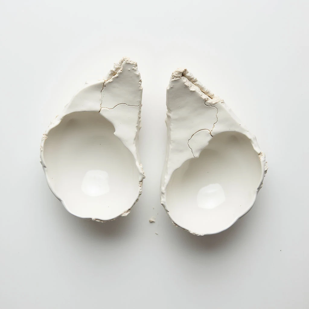 Two white, roughly shaped objects resembling open shells lie side-by-side on a stark white surface. Both have uneven edges and visible cracks throughout their form, with smooth, concave interiors that reflect light. A few small fragments are scattered between them.