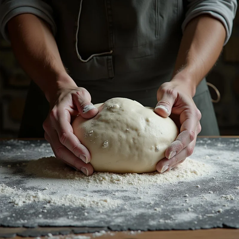 A pale, smooth mound of dough sits centered on a dark, textured surface dusted with fine white flour. Two hands press into the sides of the rounded shape, creating soft indentations against its matte surface. Muted tones of grey and beige dominate the scene, illuminated by soft light that highlights the contrast between the dough and the dark background.