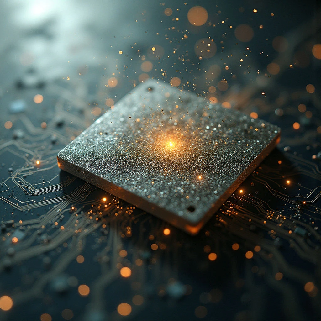 The image is dominated by dark blues and blacks with accents of gold and silver. A textured, square chip rests centrally on a background of intricate circuit patterns, both surfaces displaying granular detail and numerous small points of light. Light emanates from the center of the chip and is scattered throughout the space as bokeh-like orbs, creating a sense of depth and focus around the central object.