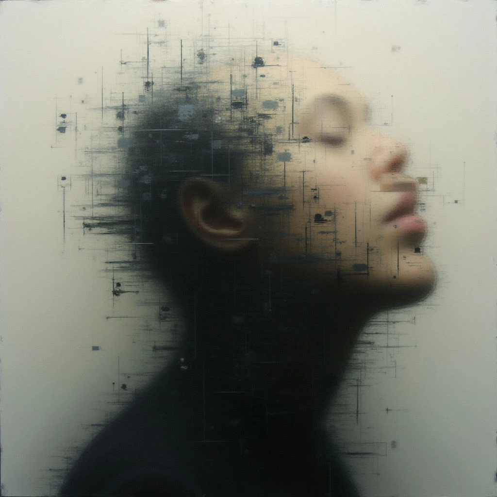 A woman’s face is depicted in profile, her eyes closed and head tilted slightly upwards. Her features are softly rendered and appear to be dissolving into a network of dark lines and rectangular shapes that overlay the image. The background is a pale, neutral tone, further emphasizing the ethereal quality of the portrait.