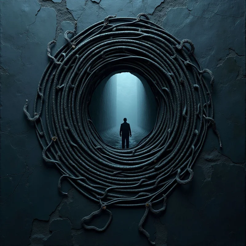 A dark, textured wall features a central circular opening framed by thick, coiled ropes that create a sense of depth. A solitary silhouette stands within the brightly lit, misty passage visible through the center, contrasting against the deep blues and grays of the foreground. The composition is centered and symmetrical, drawing the eye from the rough, cracked surface toward the luminous void in the middle.