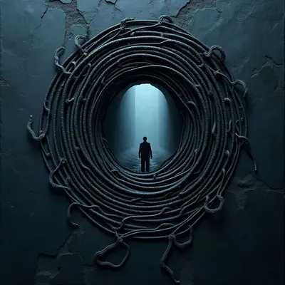 A dark, textured wall features a central circular opening framed by thick, coiled ropes that create a sense of depth. A solitary silhouette stands within the brightly lit, misty passage visible through the center, contrasting against the deep blues and grays of the foreground. The composition is centered and symmetrical, drawing the eye from the rough, cracked surface toward the luminous void in the middle.