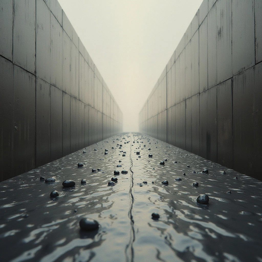 A narrow channel stretches into the distance, defined by tall, gray concrete walls that rise on either side. Water flows down the center of the channel along a cracked seam, dotted with numerous small, dark stones. A thick fog obscures the far end, creating a sense of depth and isolation.