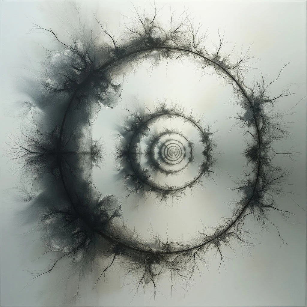 A swirling, dark spiral dominates a pale background, appearing almost like smoke or ink spreading outwards. Fine, spidery tendrils extend from the edges of the spiral’s layers, creating a textured and organic feel. The center of the spiral is densely packed while the outer portions fade into nothingness, suggesting movement and expansion.