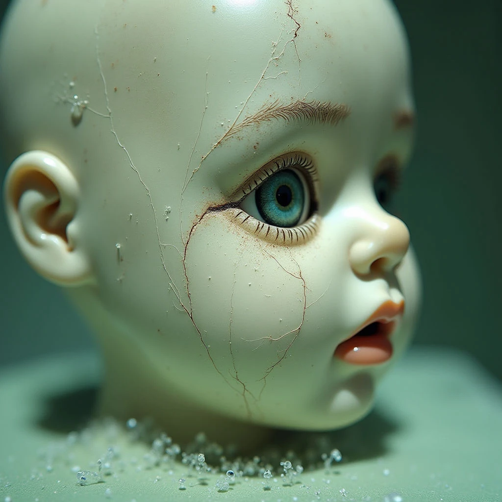 The image features a pale, cream-colored doll head with extensive cracking across its surface, set against a muted green background. Light highlights the rounded forms of the face – particularly the nose and cheek – while casting shadows within the ear and around the cracks. Small, translucent particles are scattered below the head, creating a granular texture in the foreground and suggesting a sense of fragmentation or decay.