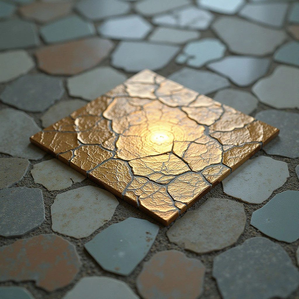 The image features a mosaic of irregularly shaped tiles in shades of blue, tan, and grey, with one central square tile distinguished by its golden coloration. The golden tile is composed of smaller, fractured pieces that converge towards a bright point of light at its center, creating a textured, cracked appearance. Light appears to be coming from within the golden tile itself, casting subtle highlights on surrounding tiles and suggesting depth in the overall arrangement.