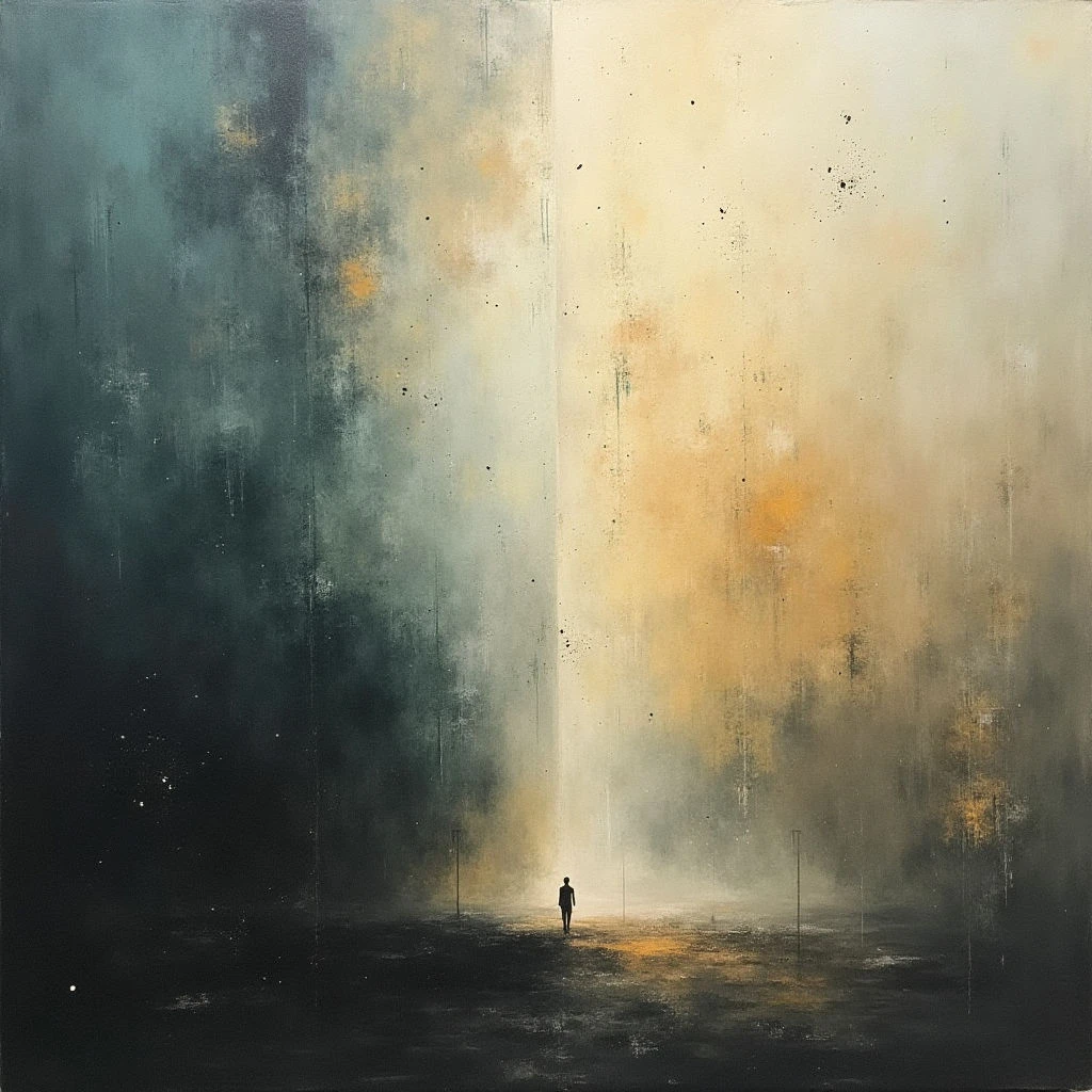 A lone figure stands small and silhouetted against a vast, luminous expanse of light. One side of the scene is shrouded in deep blues and grays, while the other glows with warm golds and creams, creating a stark division. The ground appears wet and reflective, hinting at recent rain or mist and adding to the overall sense of isolation.